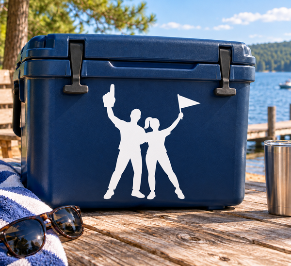 Vinyl decal pair: two white cheering sports fan silhouettes on blue