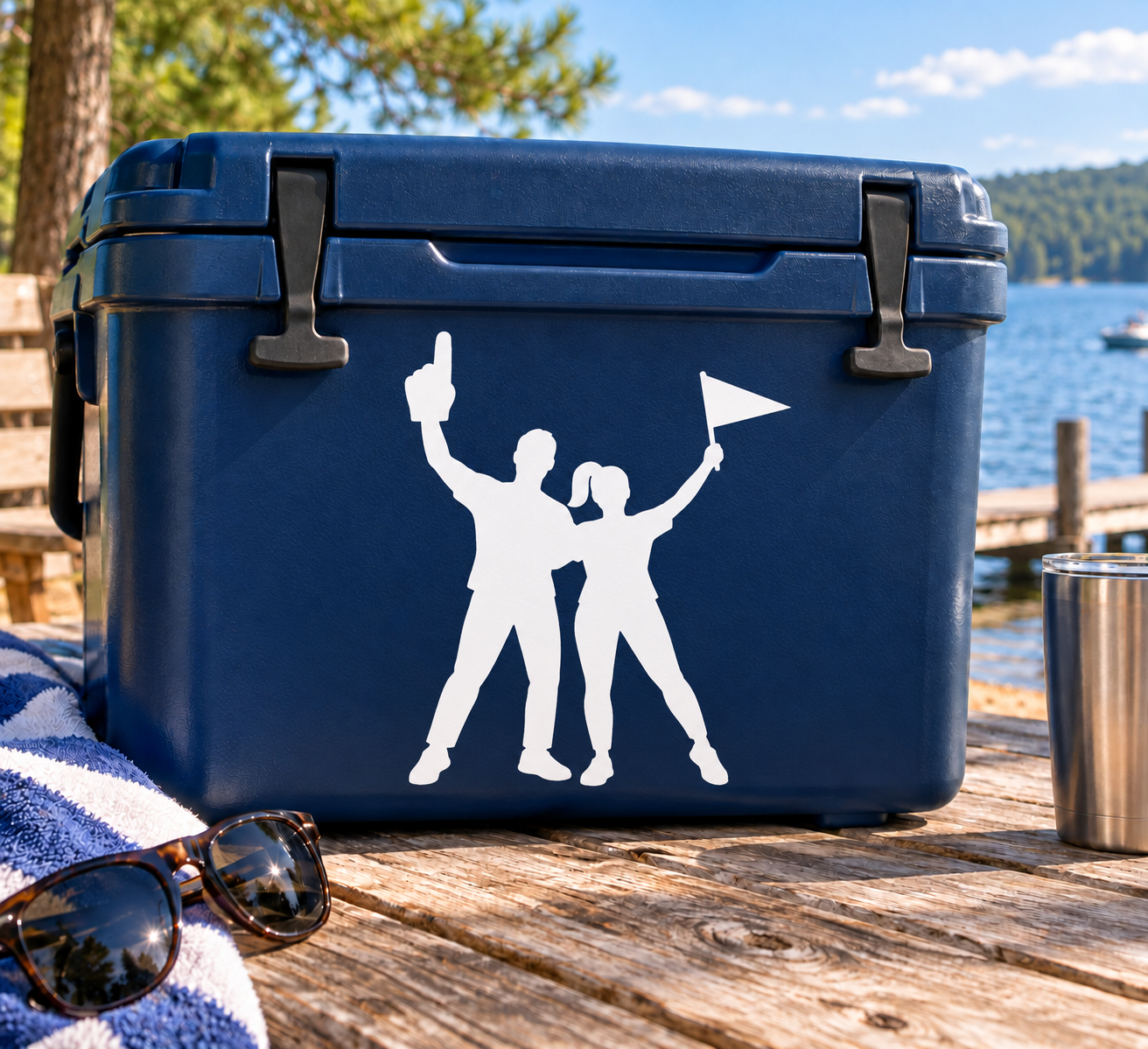 Vinyl decal pair: two white cheering sports fan silhouettes on blue