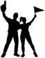Vinyl decal pair: two black cheering sports fan silhouettes, full-body