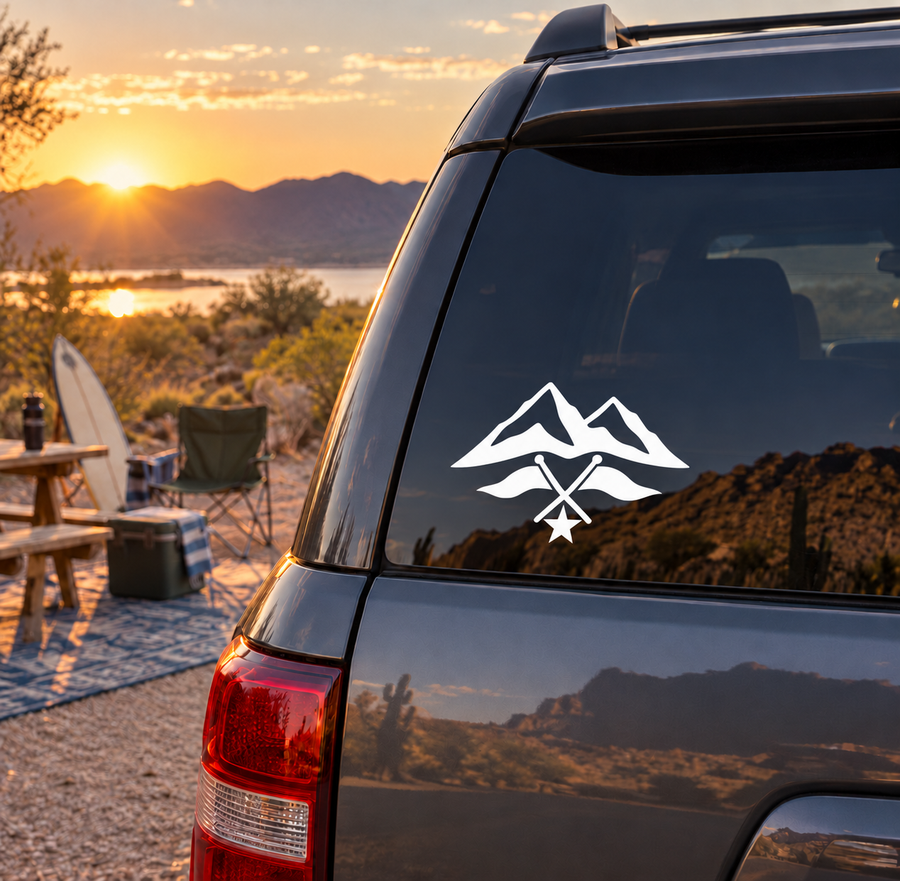 Car window vinyl decal: white mountain graphic with crossed flags and star
