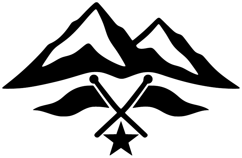 Vinyl decal close-up: black-and-white mountains with crossed flags and star