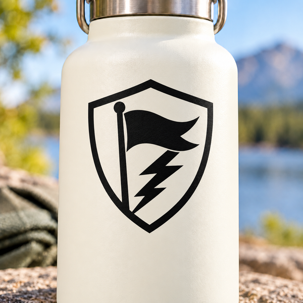 Vinyl decal: black shield with flag and lightning bolt design