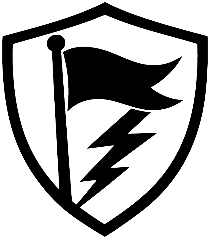 Vinyl decal shield close-up with black flag tip and lightning bolt