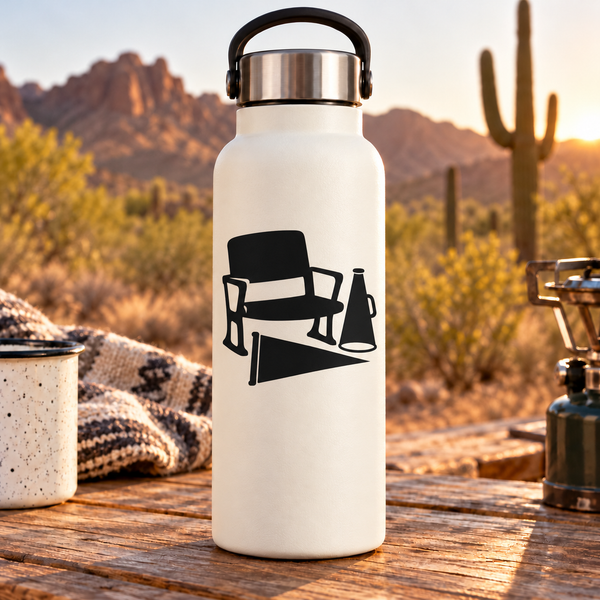 Vinyl decal of sports chair and drink bottle on white water bottle