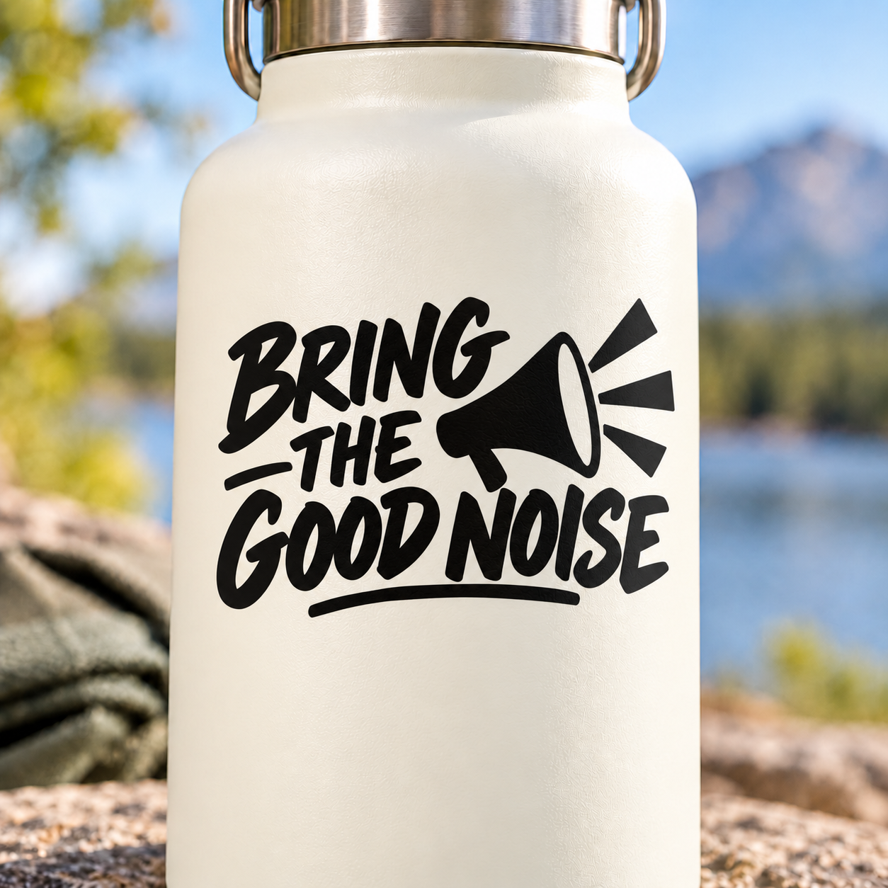 Vinyl decal with bold black “Bring the Good Noise” text and megaphone graphic