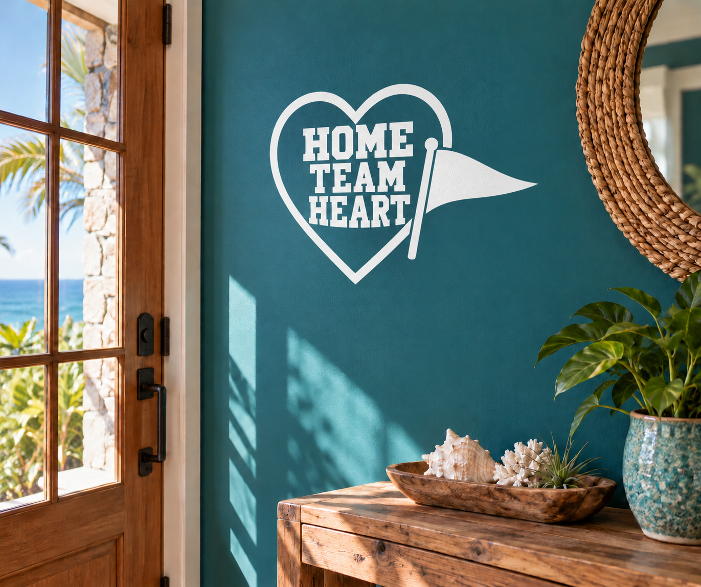 Vinyl heart decal with HOME TEAM HEART lettering and pointed swoosh tail, white