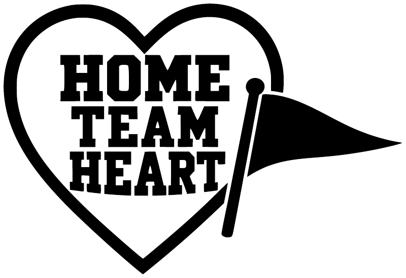 Vinyl heart decal with HOME TEAM HEART text, black outline and pointed tail