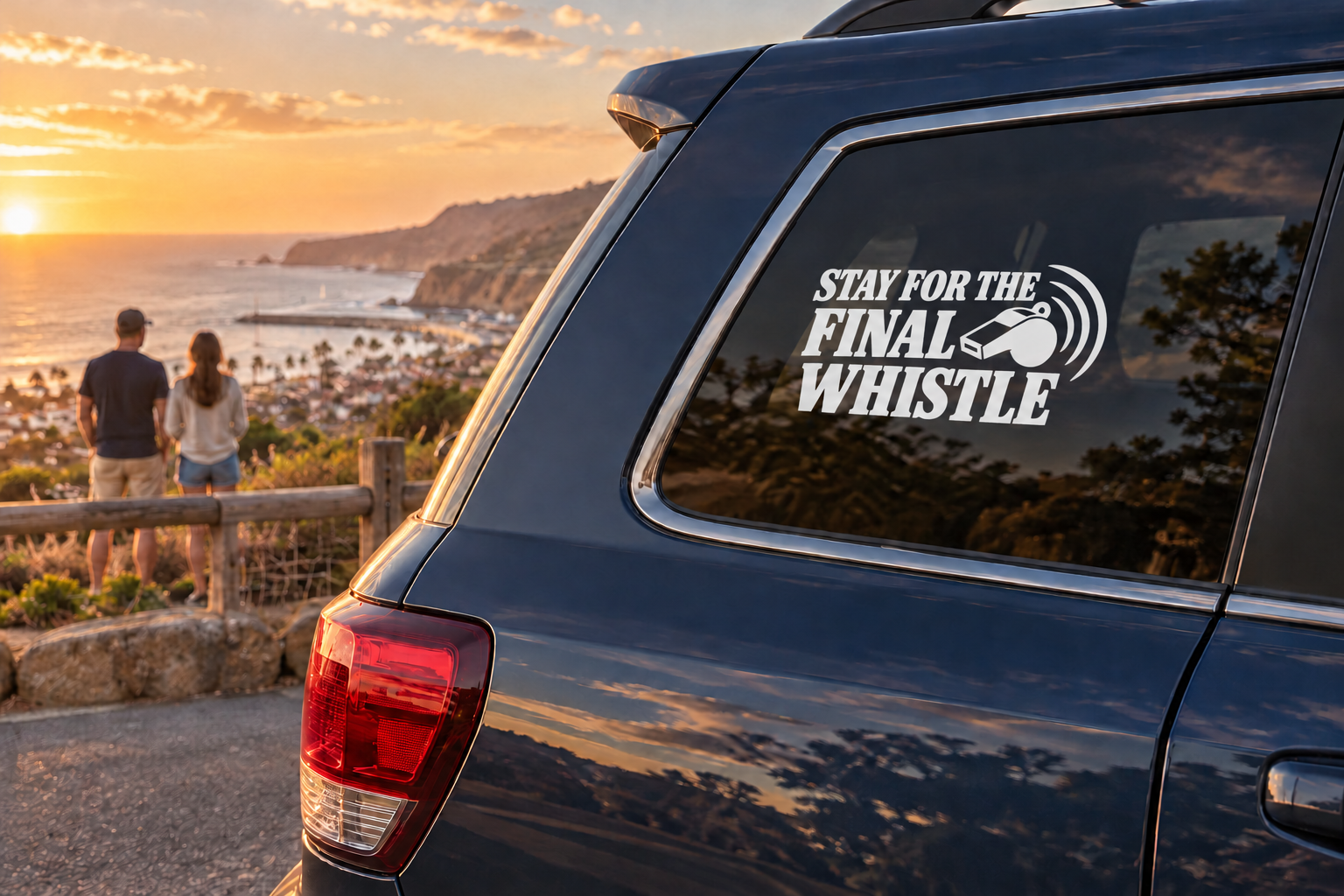Vinyl car decal reading “Stay for the Final Whistle” on rear side window