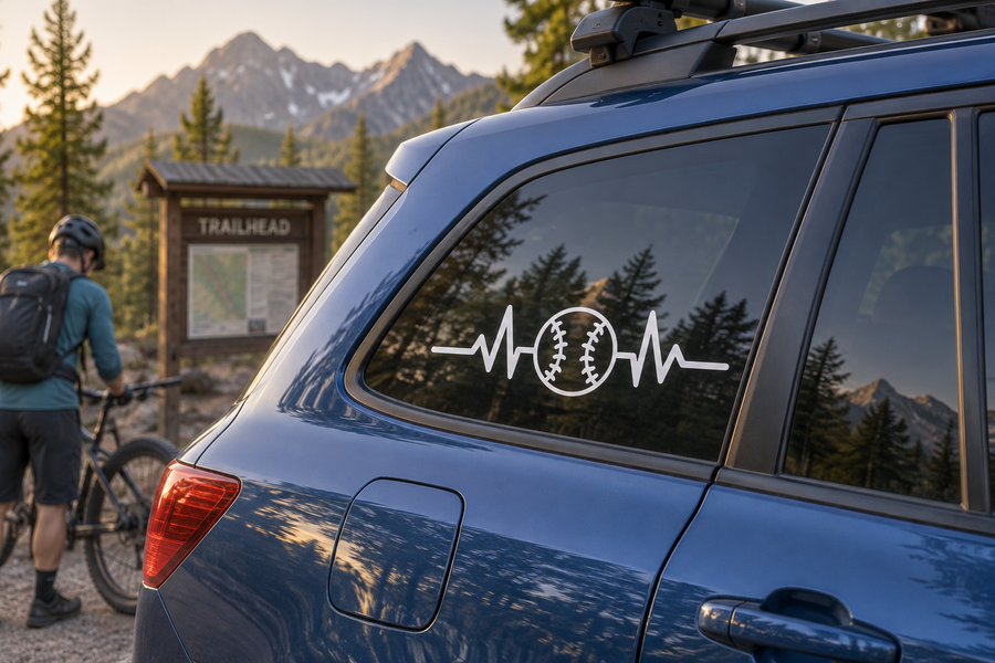 White baseball heartbeat vinyl decal on car window