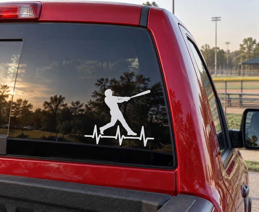 Baseball player pulse vinyl decal, white silhouette with heartbeat line on glass