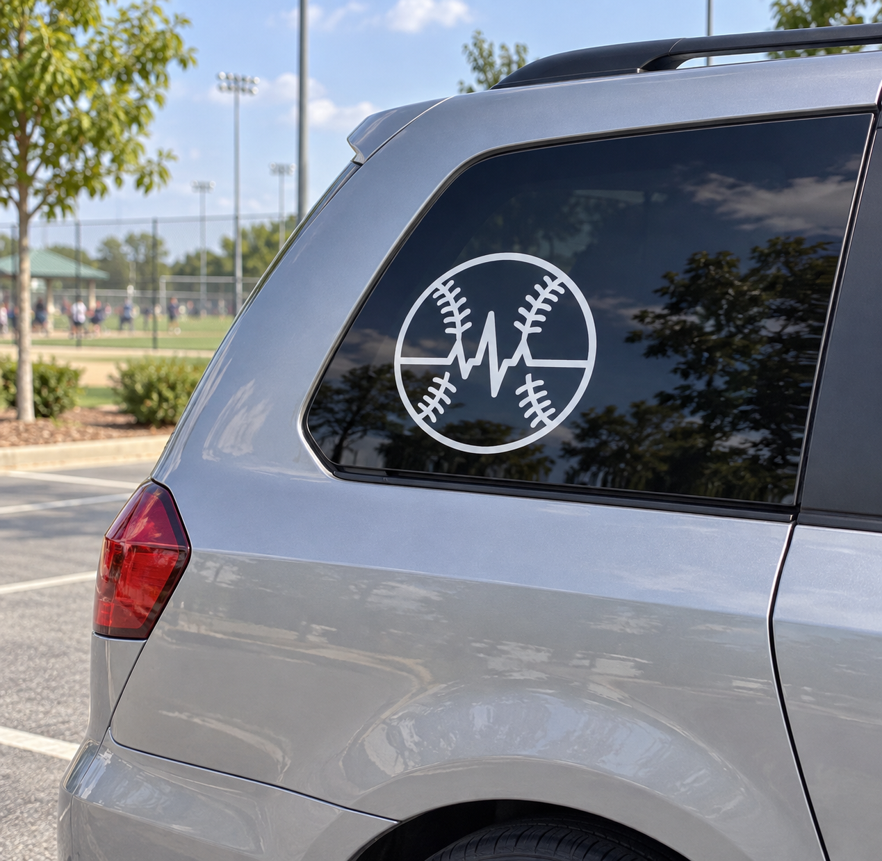 Baseball rhythm badge vinyl decal, circular design with baseballs and heartbeat line