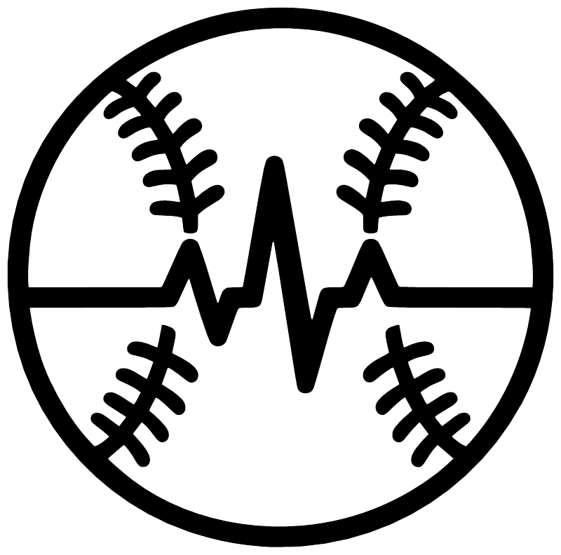 Baseball rhythm badge vinyl decal close-up, bold baseball icons with heartbeat