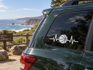 White basketball pulse line vinyl decal on a car rear window