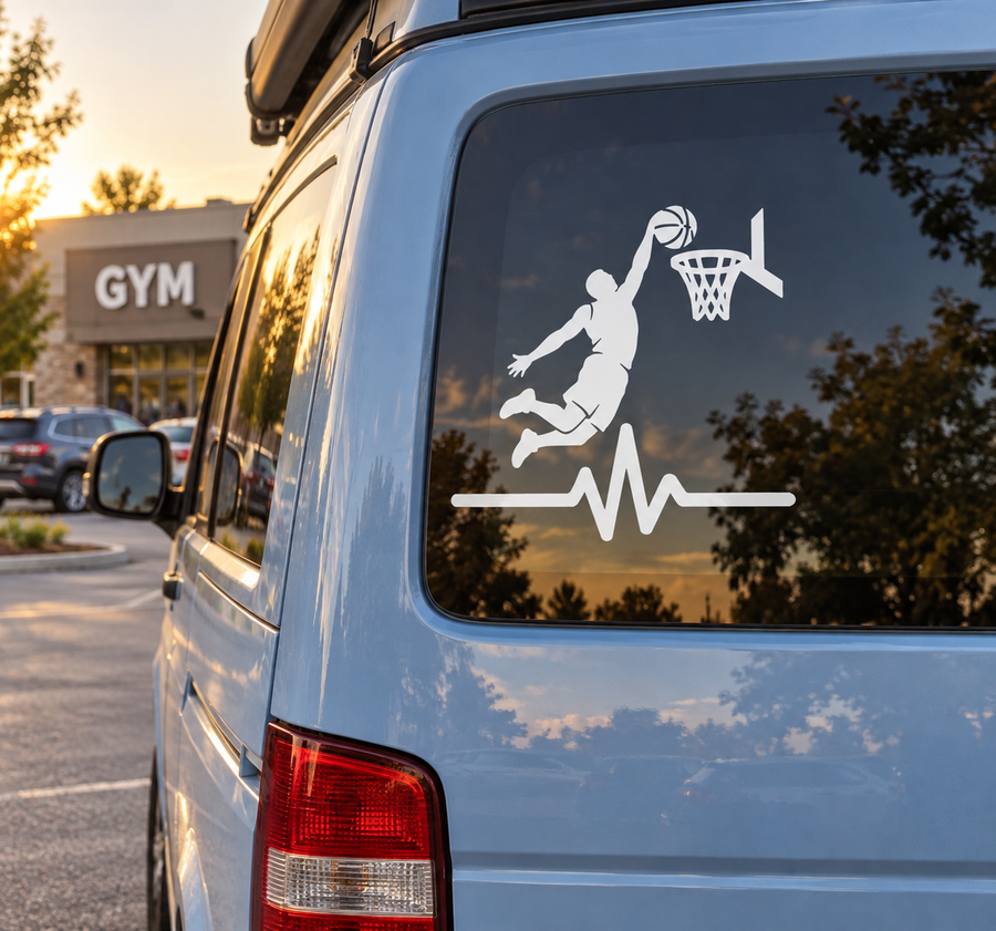 Basketball athlete pulse vinyl decal with jumping player silhouette and heartbeat line