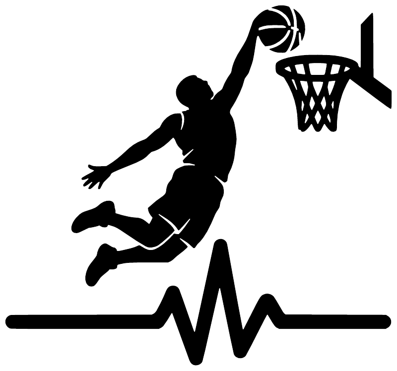 Black basketball athlete pulse vinyl decal with jumping player silhouette and heartbeat line