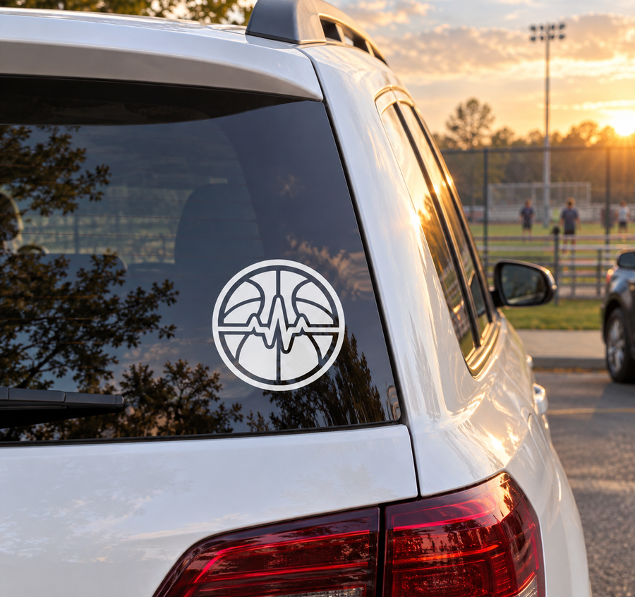 Basketball rhythm badge vinyl decal on car rear window, circular heartbeat basketball icon