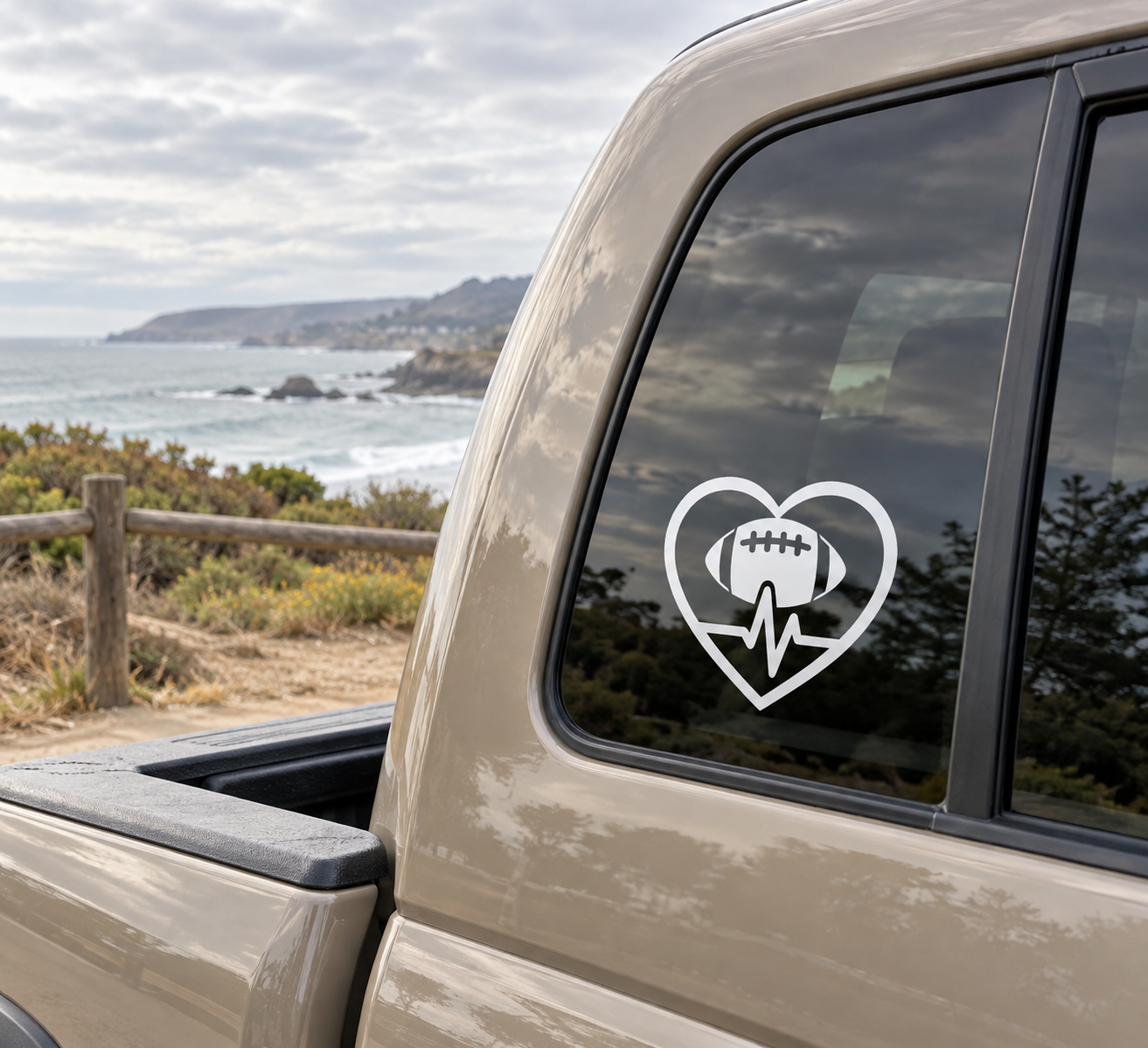 Football heart beat vinyl decal with football icon in heart on car window
