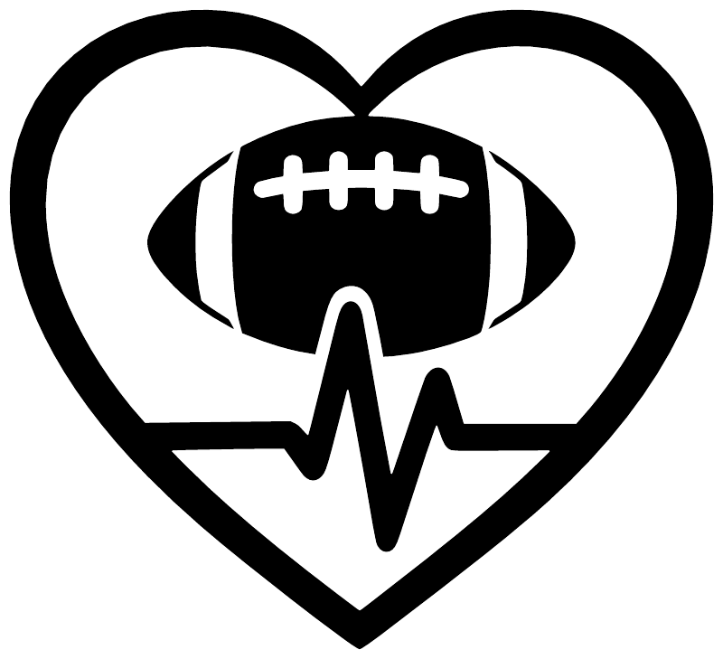Vinyl decal heart icon with football and heartbeat line, bold black-and-white design