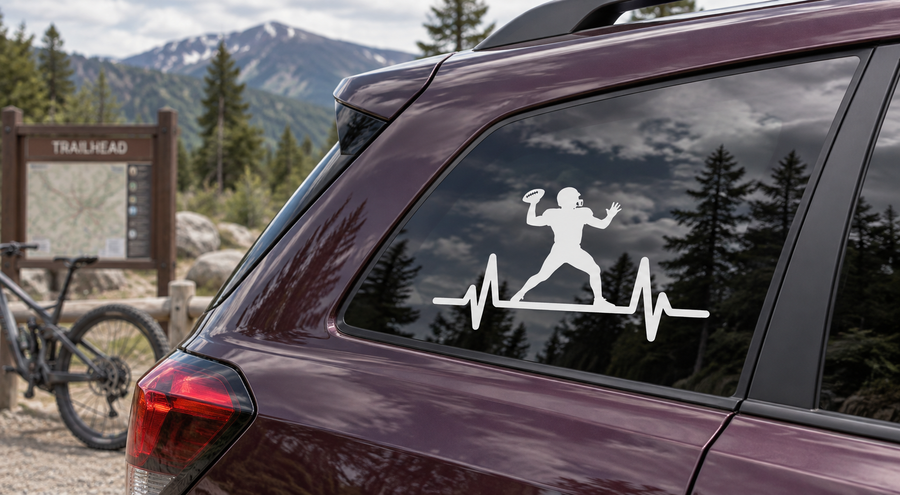 Football athlete pulse vinyl decal, white football player silhouette with heartbeat line