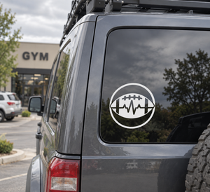 White football rhythm badge vinyl decal with heartbeat line on a circular car window