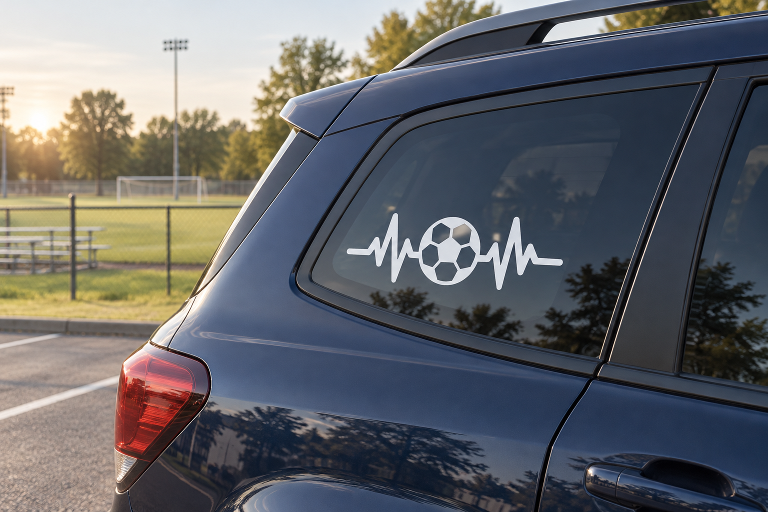 Soccer pulse line vinyl decal on car rear window: white heartbeat with soccer ball.