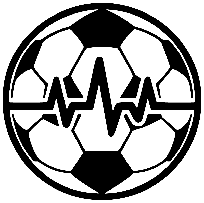 Circular soccer rhythm badge vinyl decal close-up: black soccer ball with heartbeat wave