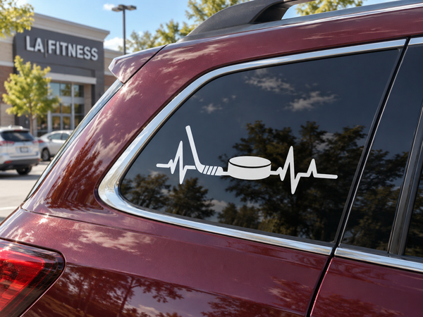 SportsHeartbeatCX017 hockey pulse line vinyl decal on car window, white puck heartbeat line