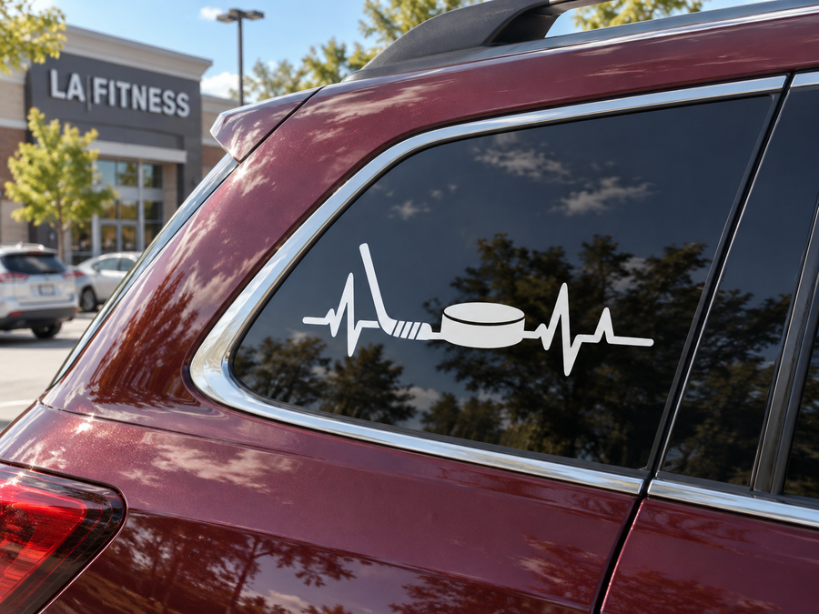 SportsHeartbeatCX017 hockey pulse line vinyl decal on car window, white puck heartbeat line