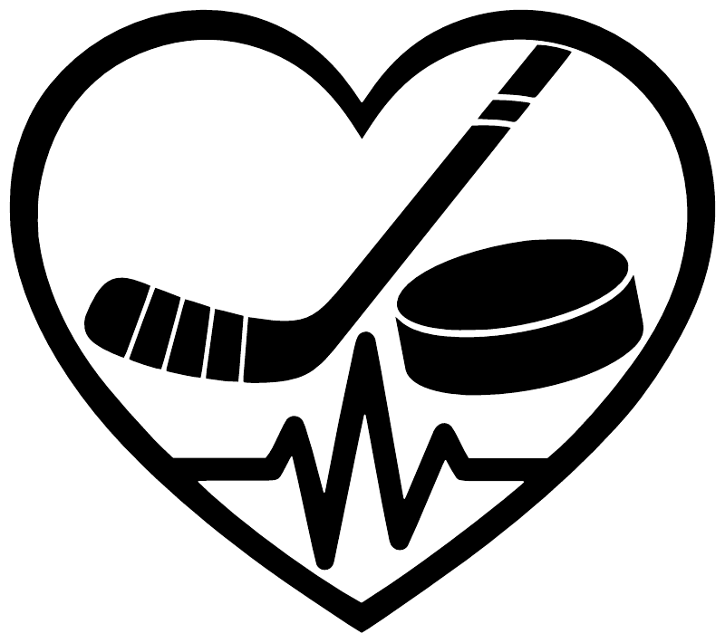 Vinyl hockey heart decal close-up: heart outline with stick, puck, and heartbeat