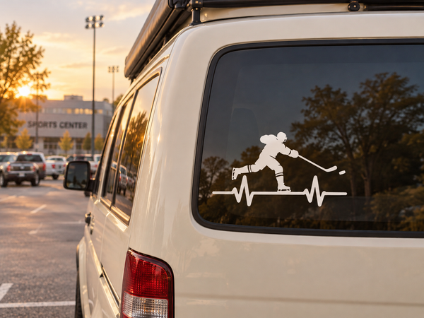 Hockey pulse vinyl decal on car window, black player silhouette with stick and heartbeat line