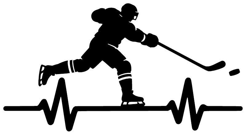 Hockey pulse vinyl decal, black silhouette hockey player with stick and ECG heartbeat line