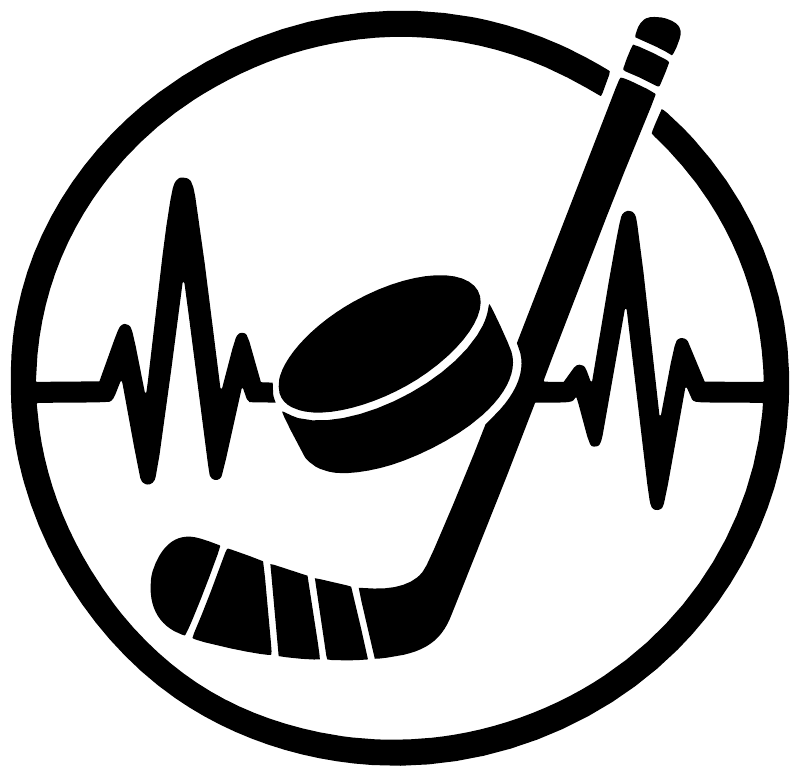Hockey rhythm badge vinyl decal graphic, black circular logo with heartbeat line, stick, and puck
