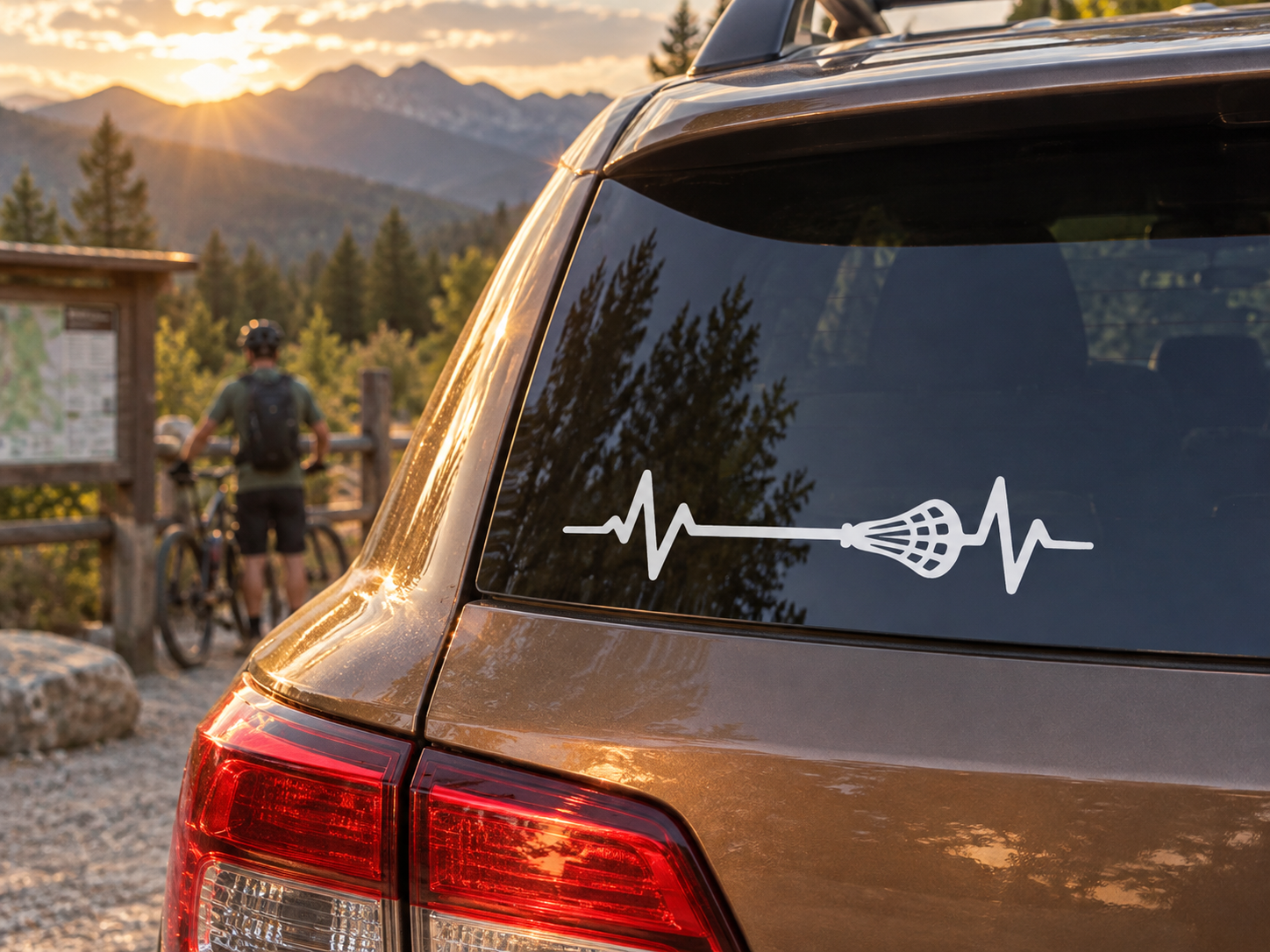 Vinyl lacrosse pulse line decal on car rear window, white heartbeat and net graphic