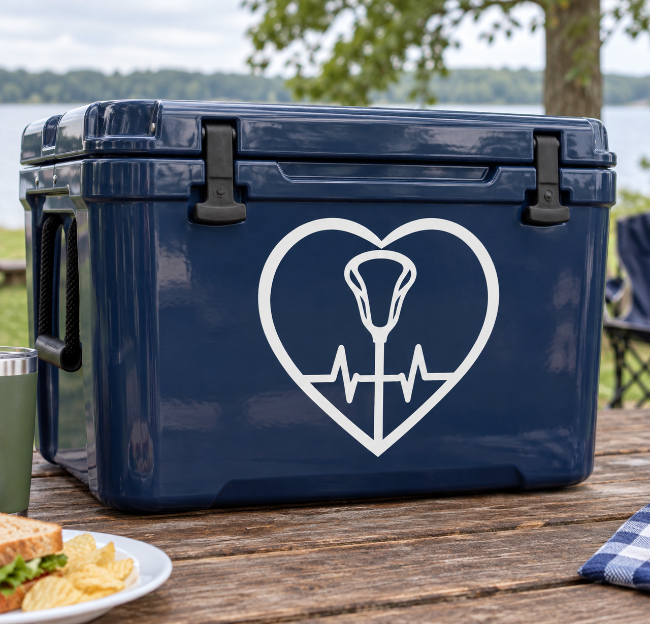 White lacrosse heart-beat vinyl decal: heart outline with stick and heartbeat line