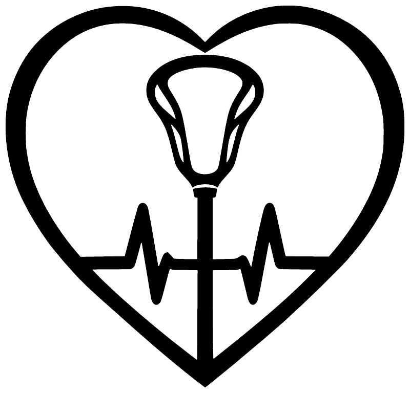 White heart-beat vinyl decal with lacrosse stick icon and heartbeat line in heart shape