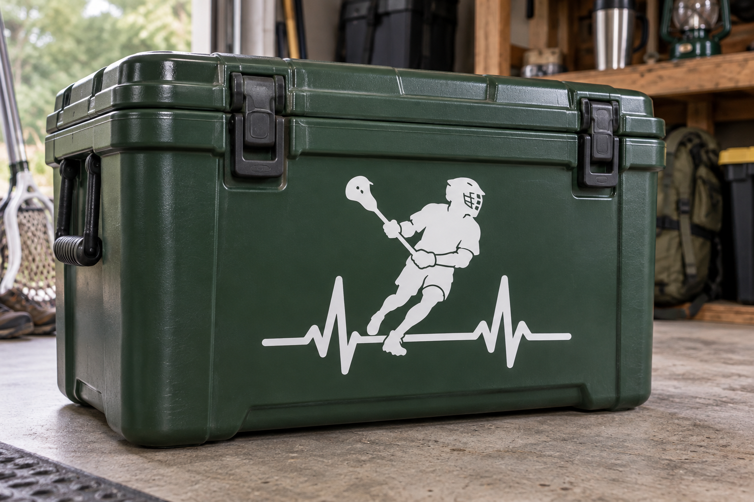 Lacrosse athlete pulse vinyl decal, white lacrosse player with heartbeat line