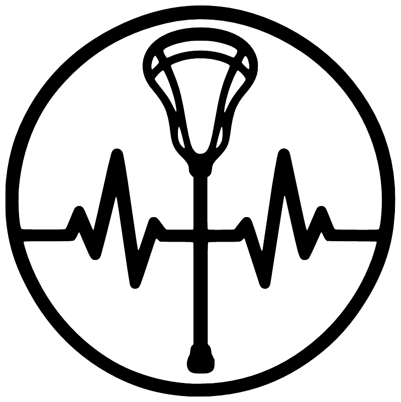 Vinyl lacrosse badge decal, black circle with white trophy and heartbeat line symbol