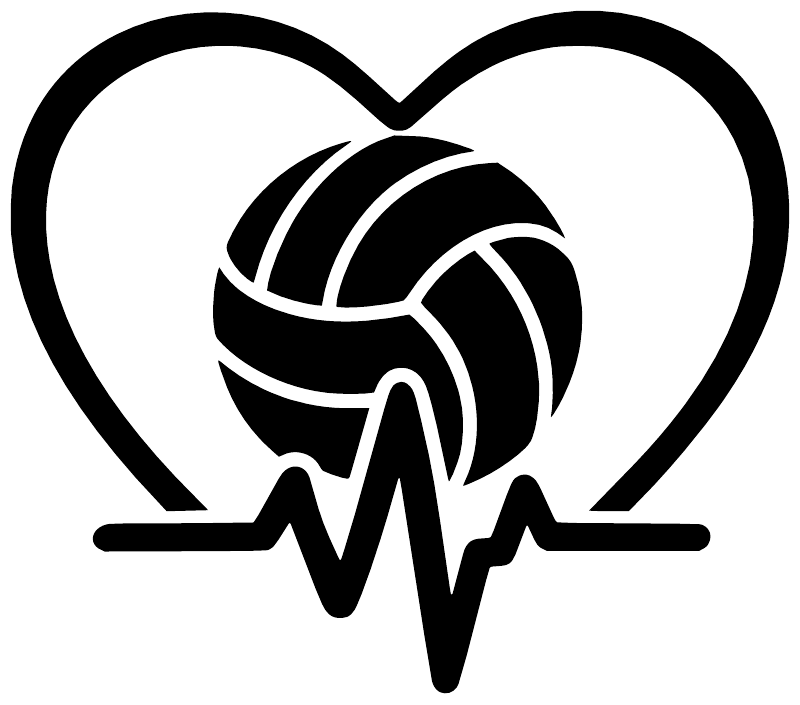 Heart-shaped vinyl volleyball decal with black volleyball and white outline heartbeat line