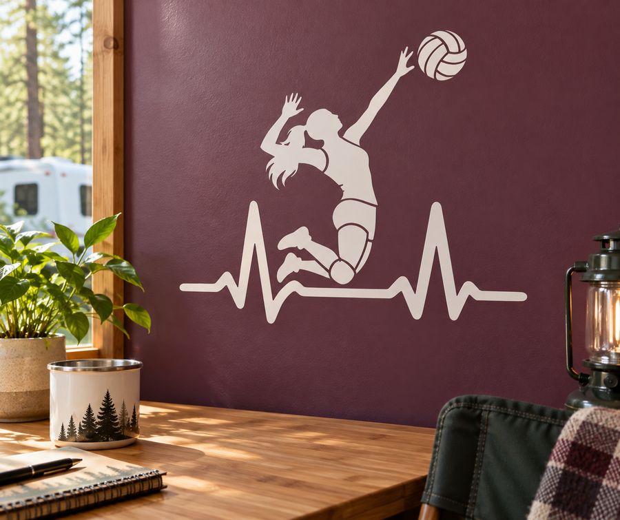 Volleyball athlete pulse vinyl decal with white volleyball player silhouette and heartbeat line