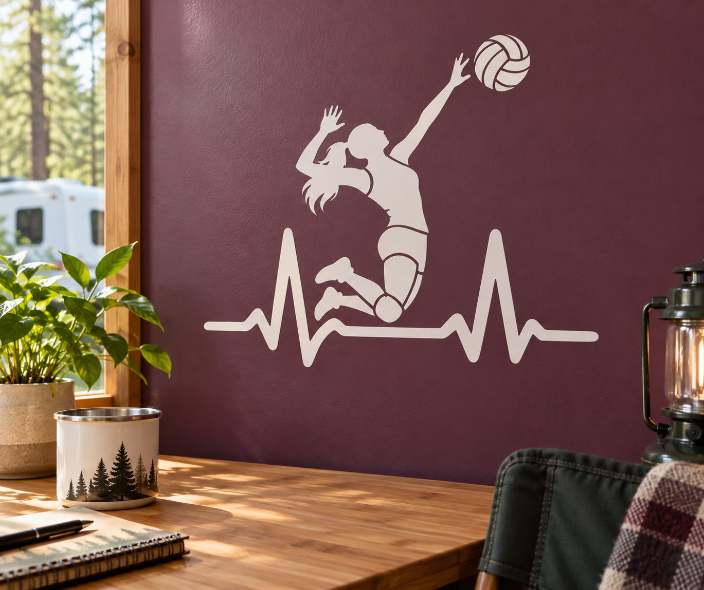 Volleyball athlete pulse vinyl decal with white volleyball player silhouette and heartbeat line
