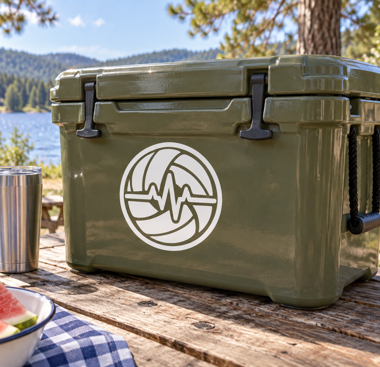 Vinyl volleyball rhythm badge decal on green cooler: white circular logo with heartbeat line