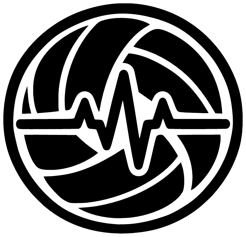 Volleyball rhythm badge vinyl decal, black circle with white logo and heartbeat waveform