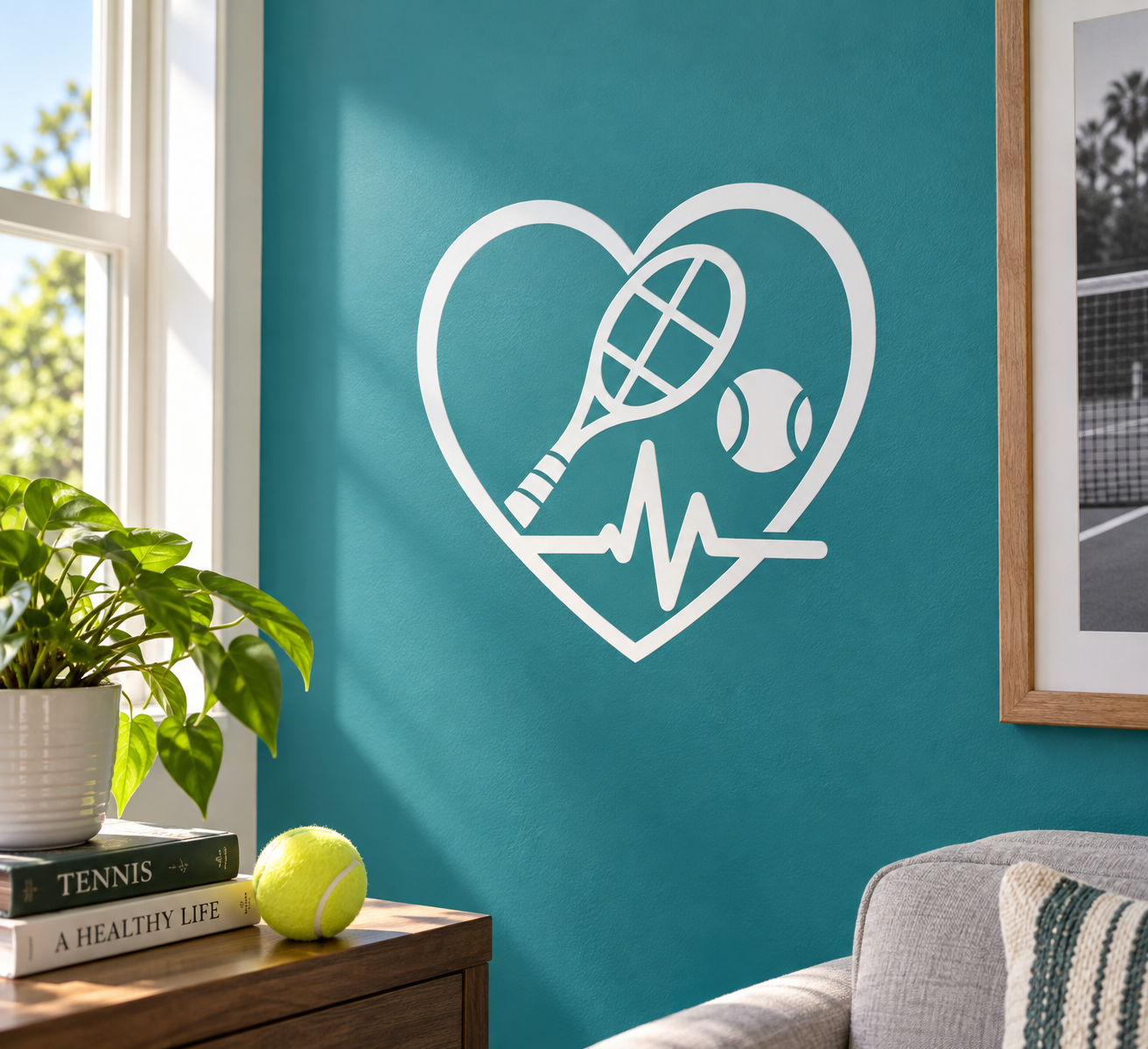 Tennis heart beat vinyl decal: white heart with racket, tennis ball, ECG line