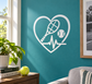 Tennis heart beat vinyl decal: white heart with racket, tennis ball, ECG line