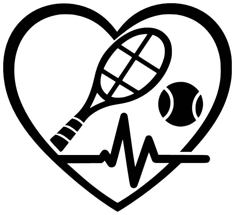 Tennis heart beat vinyl decal: black heart with racket, tennis ball, ECG line