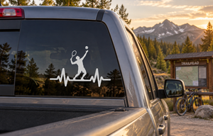 Tennis athlete pulse vinyl decal on car window, white silhouette with waveform line.