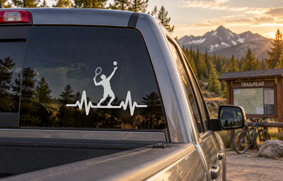 Tennis athlete pulse vinyl decal on car window, white silhouette with waveform line.