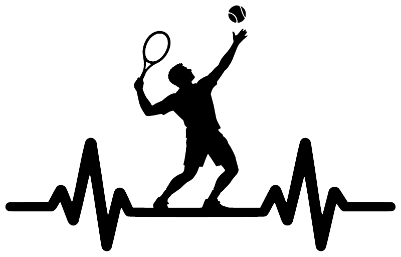 Tennis athlete pulse vinyl decal, black tennis player silhouette with heartbeat waveform.