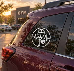 Vinyl tennis rhythm badge decal with white globe and racket icon on car window