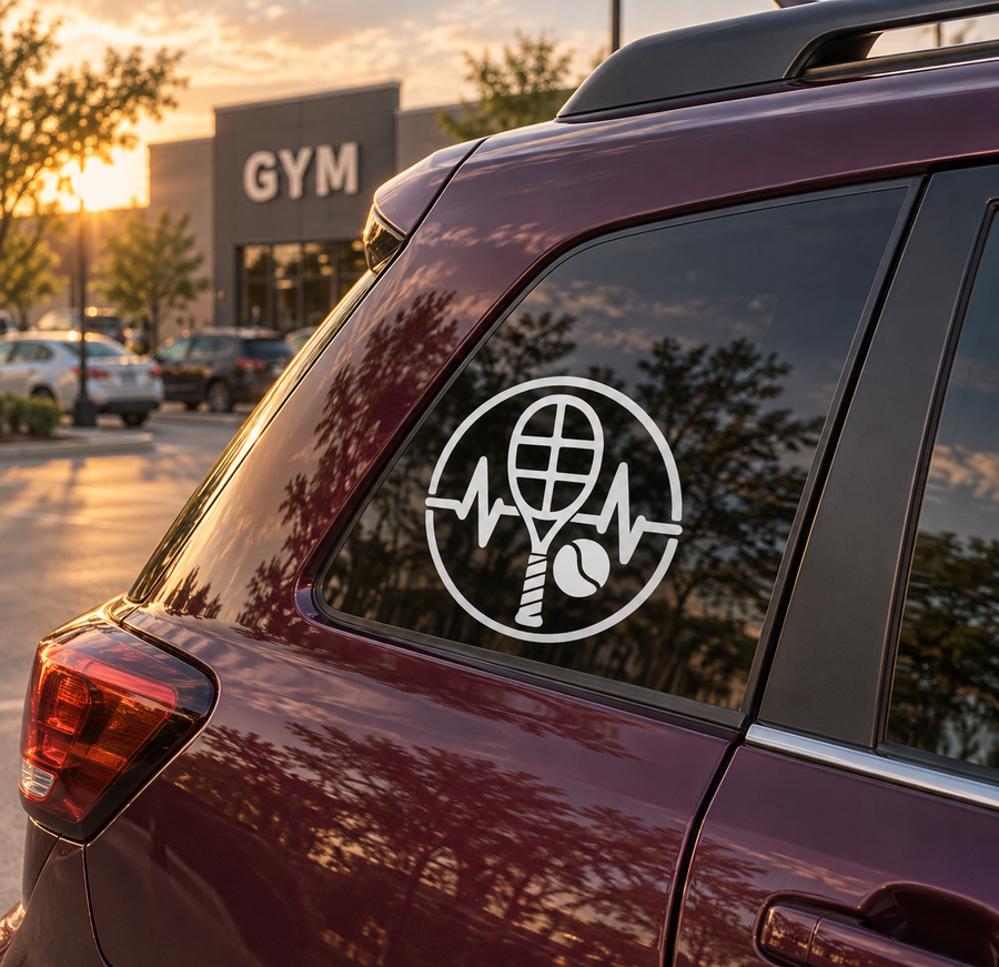 Vinyl tennis rhythm badge decal with white globe and racket icon on car window